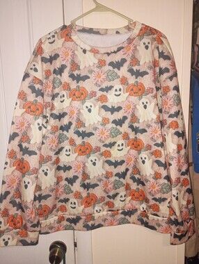 Halloween Ghost & Pumpkin Pullover Sweatshirt - Pink/Orange/Black